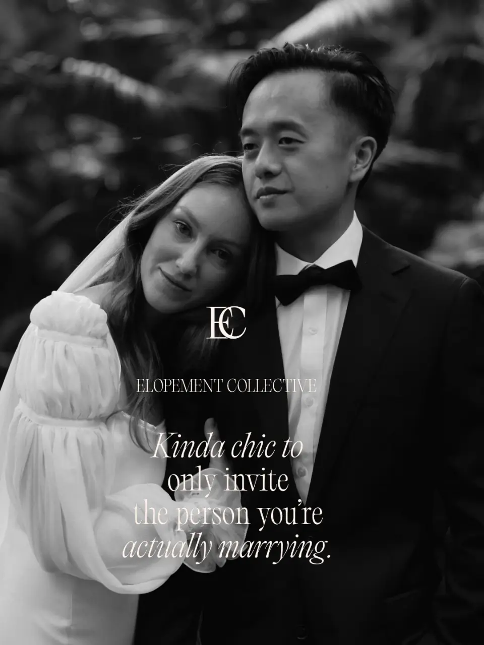 A black and white portrait of a couple on their wedding day, her head resting on his shoulder. Kinda chic to only invite the person you are actually marrying.