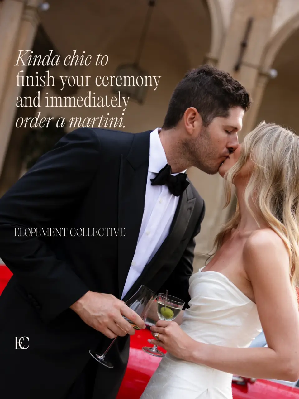 A newly married couple kissing while holding martinis. Kinda chic to finish your ceremony and immediately order a martini.