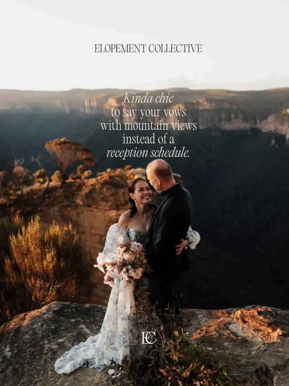 A couple embracing on a clifftop at golden hour above a forested valley. Kinda chic to say your vows with mountain views instead of a reception schedule.